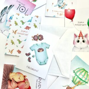 Cartes artisanales illustrées – Anniversaire, naissance, fêtes, …
